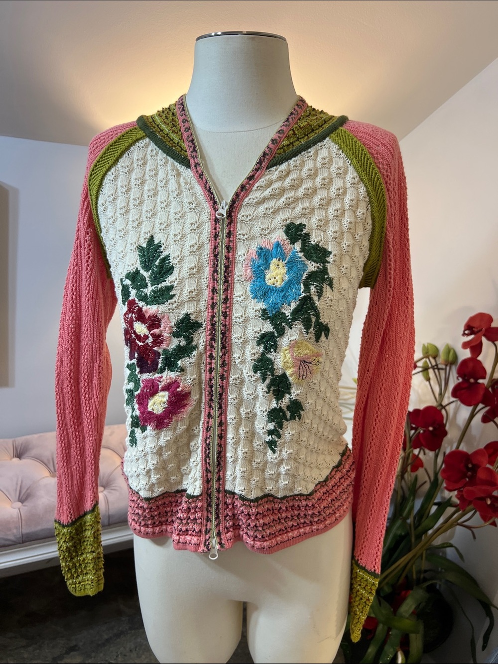 IVKO Floral Embroidered Knit Zip Up Cardigan Sweater EU 36 / US 6 Small